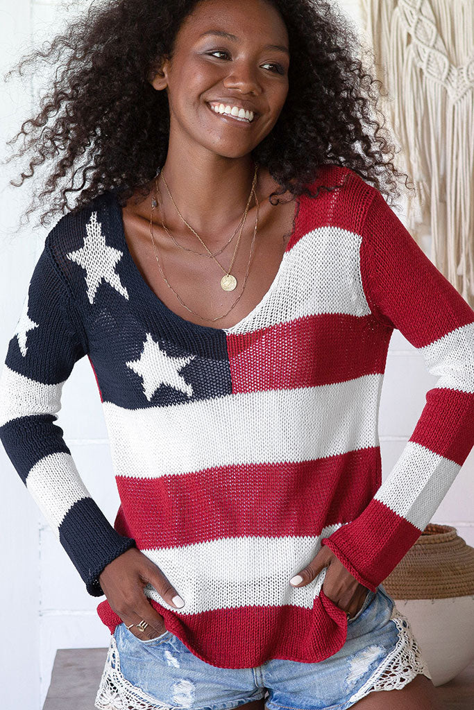 Flag Graphic V Neck Long Sleeve Loose Sweater