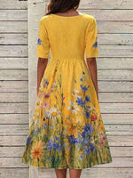 Floral Print Round Neck Half Sleeve Loose High Waist A-Line Cotton Blend Maxi Dress