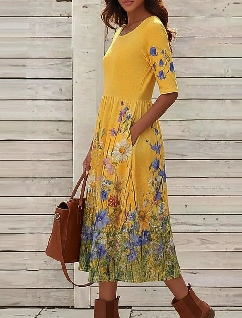 Floral Print Round Neck Half Sleeve Loose High Waist A-Line Cotton Blend Maxi Dress