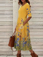 Floral Print Round Neck Half Sleeve Loose High Waist A-Line Cotton Blend Maxi Dress