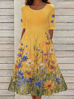 Floral Print Round Neck Half Sleeve Loose High Waist A-Line Cotton Blend Maxi Dress