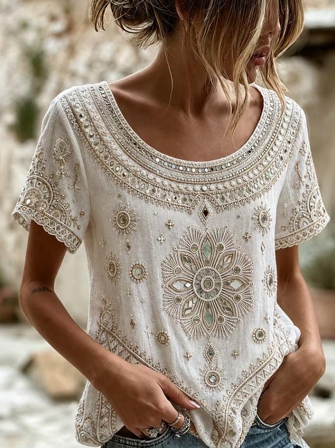 Women's Retro Baroque Floral Print Round Neck Short Sleeve Summer Casual T-shirt