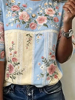 Vintage Floral Print Crew Neck Short Half Sleeve Casual T-Shirt