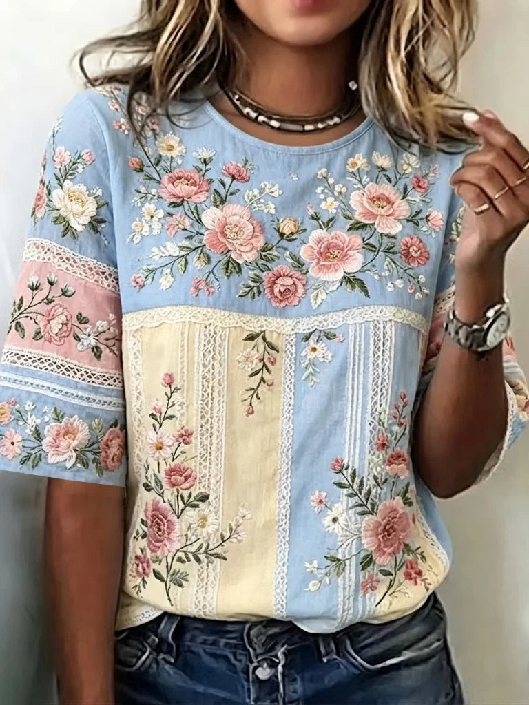 Vintage Floral Print Crew Neck Short Half Sleeve Casual T-Shirt