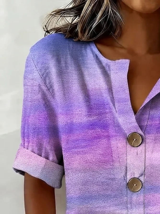 Purple Ombre V Neck Half Sleeve Button Down Casual Linen Blend Shirt For Women