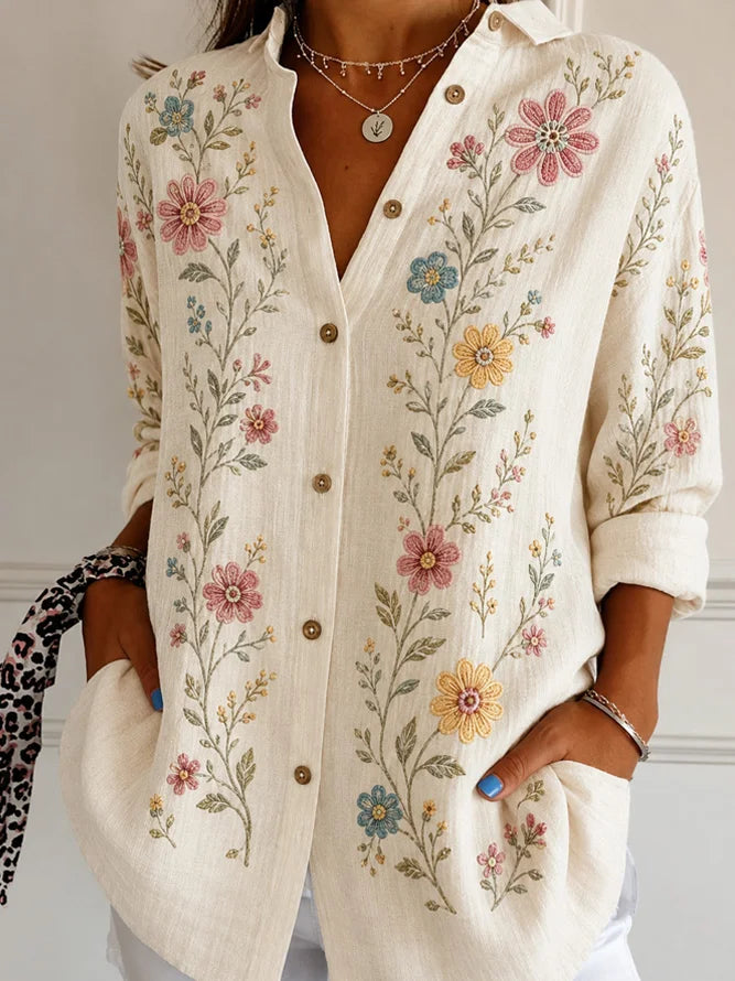 Boho Floral Print Shirt Collar Long Sleeve Loose Women Blouse