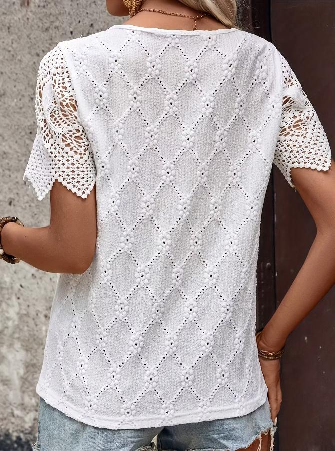 Elegant Hollow Lace Spliced V Neck Short Sleeve Women T-Shirt Summer Breathable Blouse
