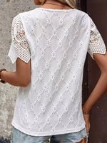 Elegant Hollow Lace Spliced V Neck Short Sleeve Women T-Shirt Summer Breathable Blouse
