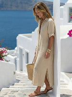 Women Collared Short Sleeve Button Front Relaxed Midi Shirt Dress