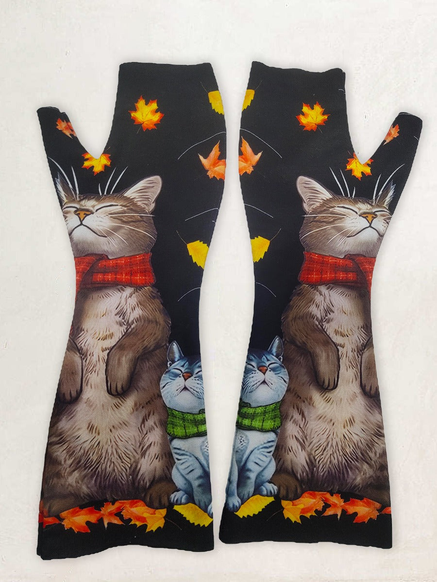 Retro Cat Printed Knit Casual Fingerless Gloves