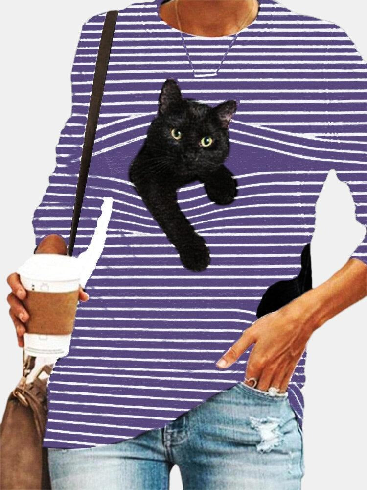 Stripe & Cat Print Long Sleeve Round Neck Slight Stretch T-shirt