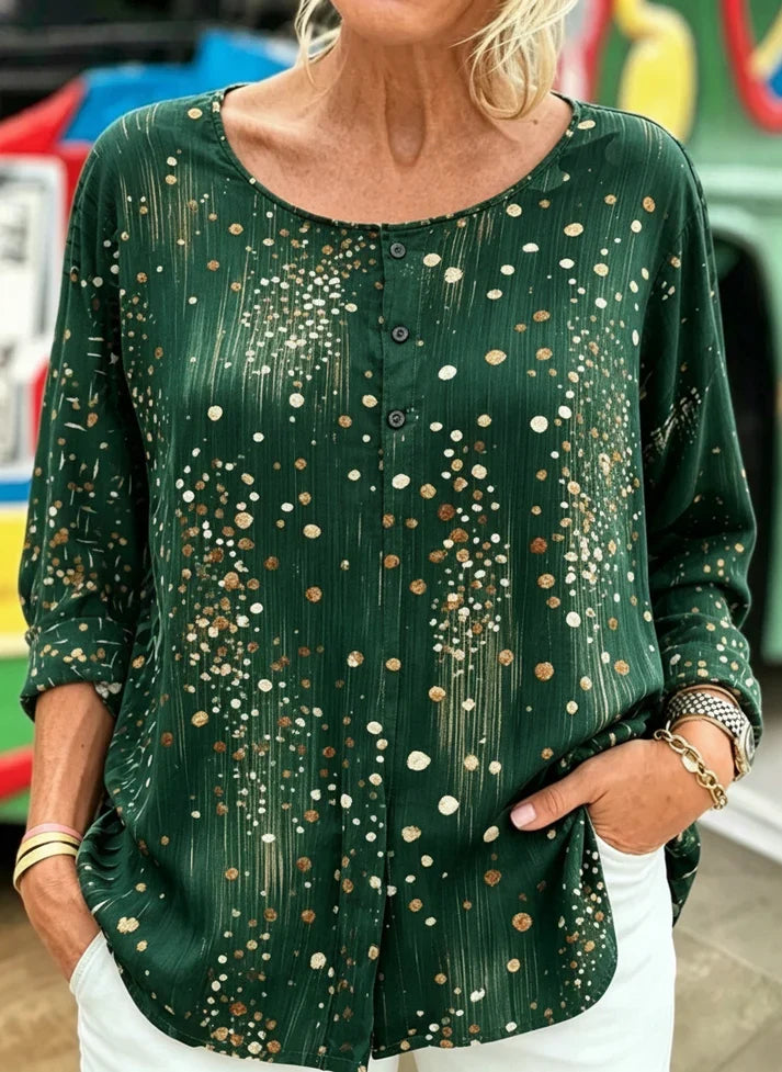 Gold Dot Print Half Button Long Sleeve Blouse