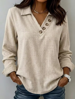 Women's Casual Retro Solid Color V-neck Button Long Sleeve Shirt
