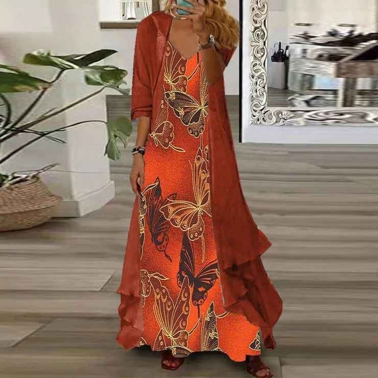 Orange Butterfly Print Two-Piece Maxi Dress