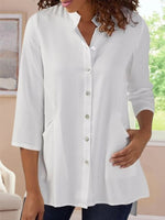 Solid Casual Lapel 3/4 Sleeves Buttons Blouse