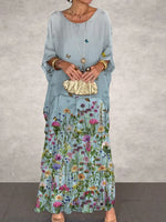 Elegant Floral Chiffon Cake Long Sleeve Maxi Dress