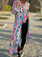 Ethnic Shirt Collar 3/4 Sleeves Comfy Maxi Dress