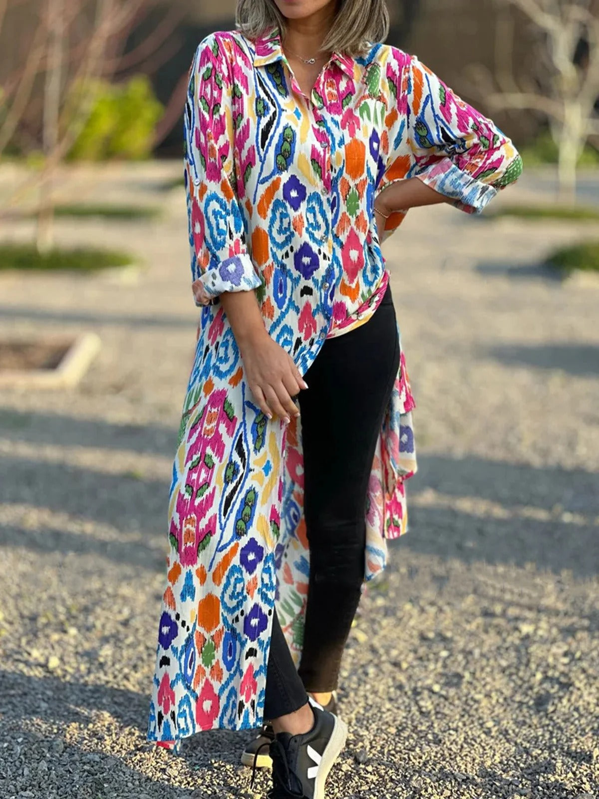 Ethnic Shirt Collar 3/4 Sleeves Comfy Maxi Dress