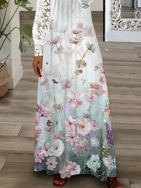 Lace Floral V-neck Long Sleeve Loose Casual Maxi Dress