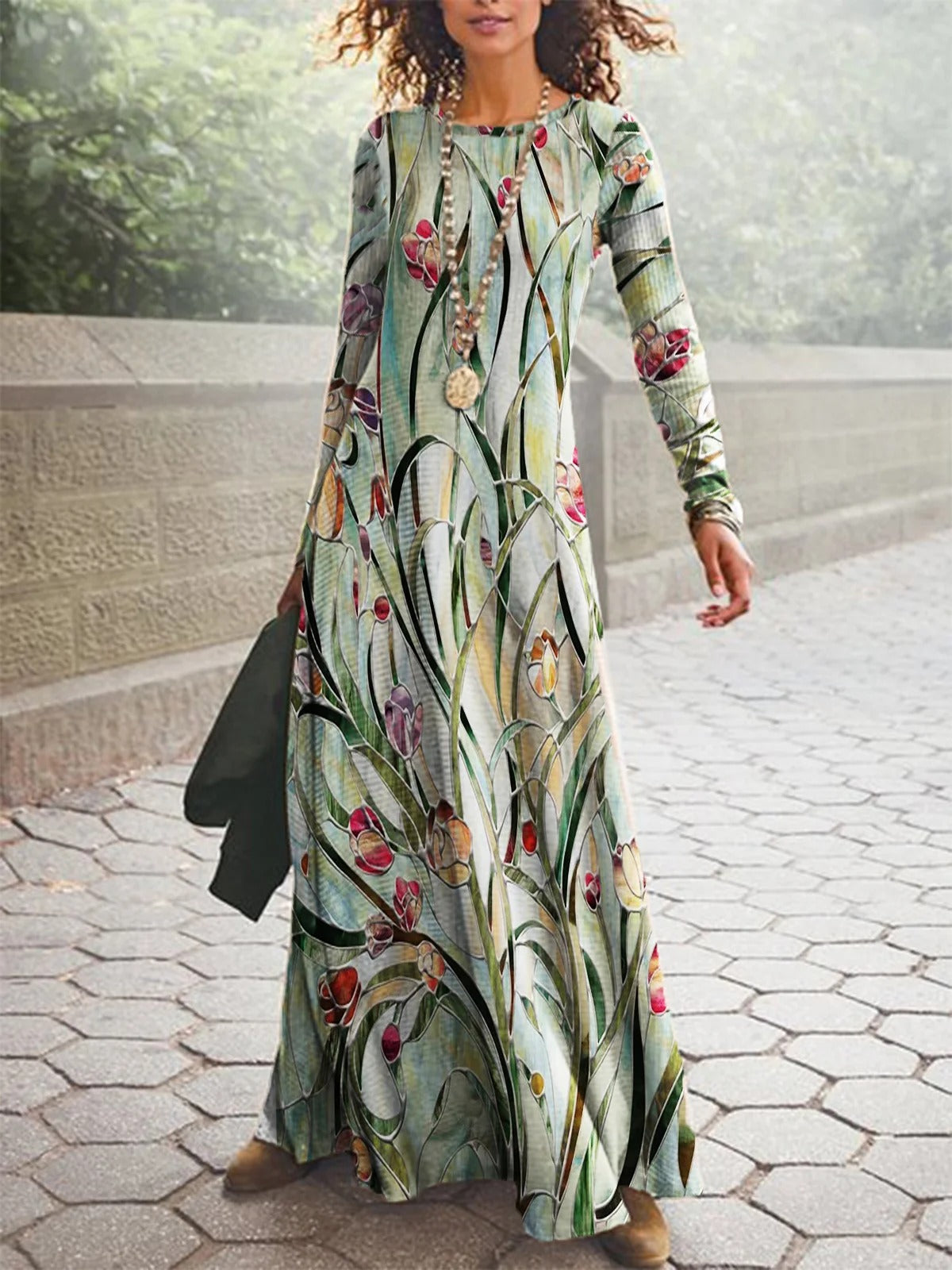 Floral Print Crew Neck Long Sleeve Regular Fit Maxi Dress