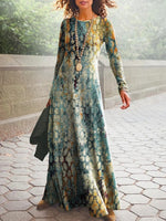 Vintage Abstract Print Crew Neck Long Sleeve Lightweight Micro-elasticity Loose Maxi Dress