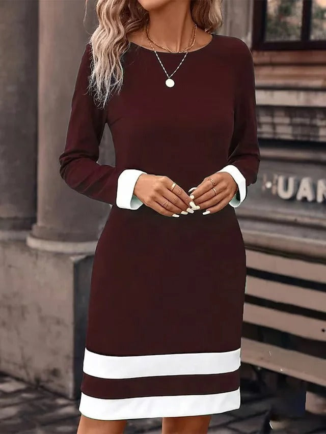 Long Sleeve Spring Fall Contrast Stitching Knitted Crew Neck Midi H-Line T-Shirt Dress