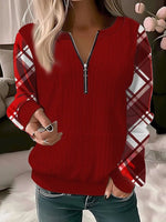 Loose Plaid Crew Neck Zipper Micro-elasticity Casual Sweatshirt