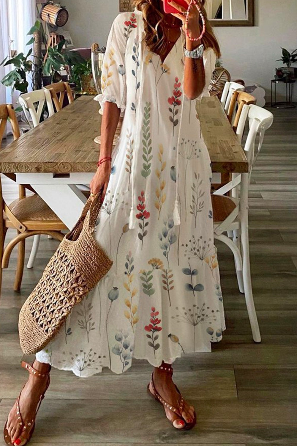 Tassel Loose Floral Vacation Maxi Dress