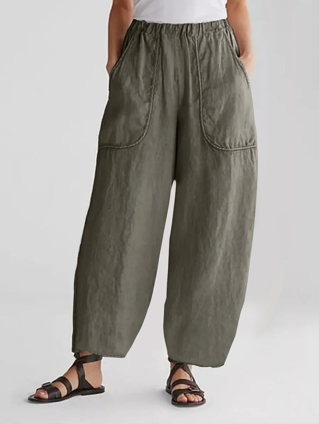 Solid Patched Pockets Casual Pants