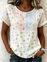Women's White Color Block Embroidered Paw Lace Trim Round Neck Short Sleeve Blouse