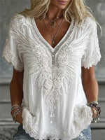 Women's White Floral Feather Embroidered Rhinestone Lace Trim V Neck Short Sleeve Blouse