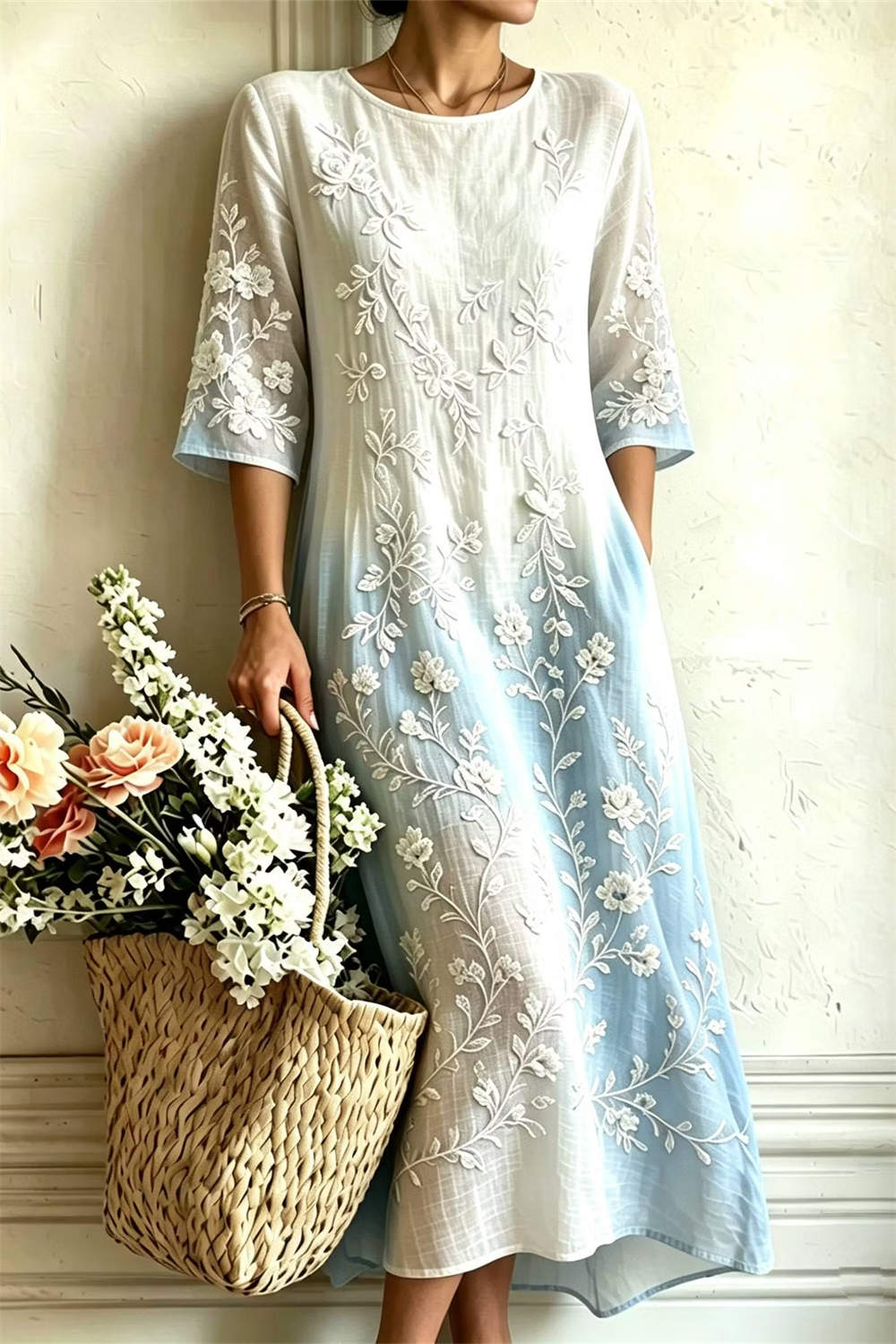 Women's White Blue Gradient Floral Embroidery Round Neck Three Quarter Sleeve Midi Dress