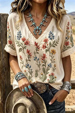 Women's Off White Cactus Floral Embroidery V-Neck Short Sleeve Blouse