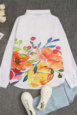 White Watercolor Floral Print Collar Long Sleeve Button Down Shirt