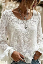 Women's White Rose Floral Sheer Lace Round Neck Long Sleeve Blouse