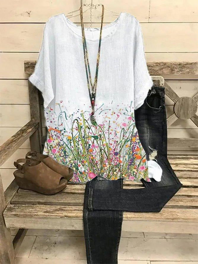 Floral Print Round Neck Short Sleeves T-shirt