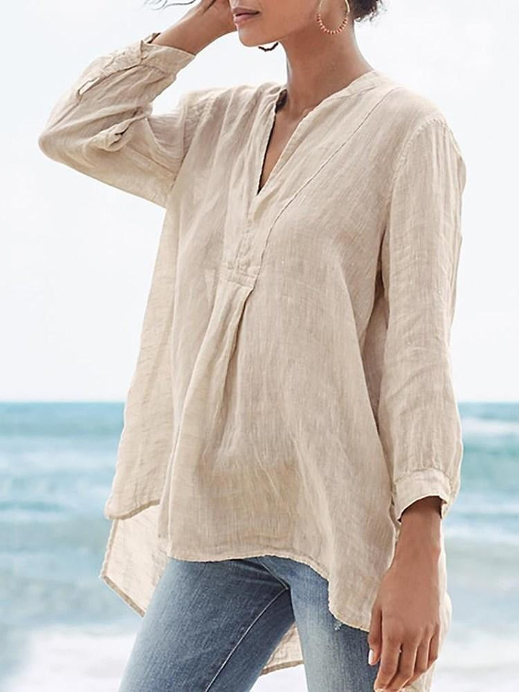 Solid Color Casual V-neck 3/4 Sleeves Blouse