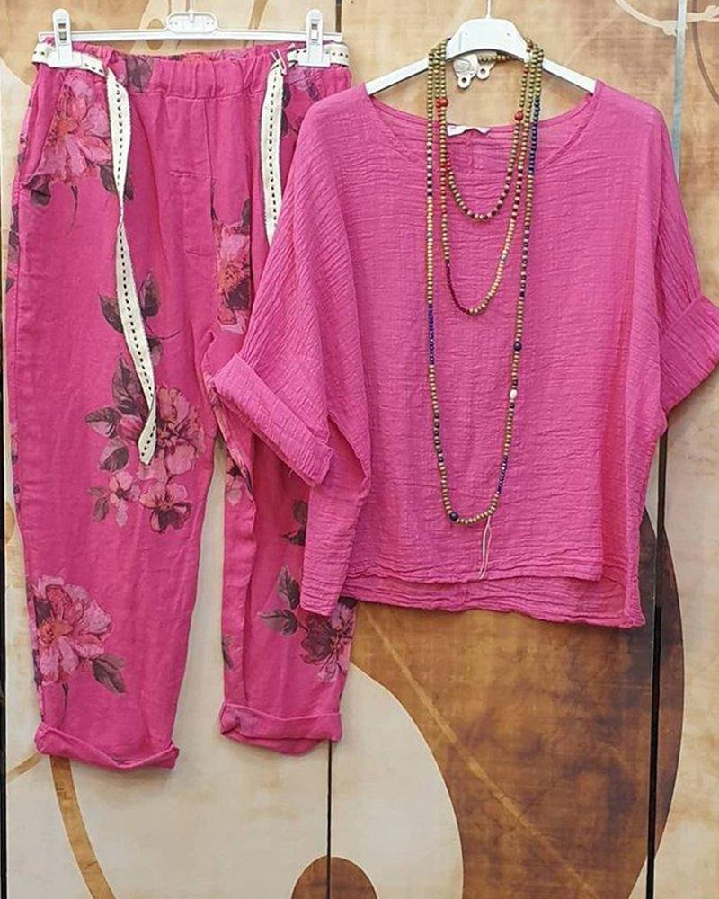 Floral Print Casual 3/4 Sleeves Two Piece Suit