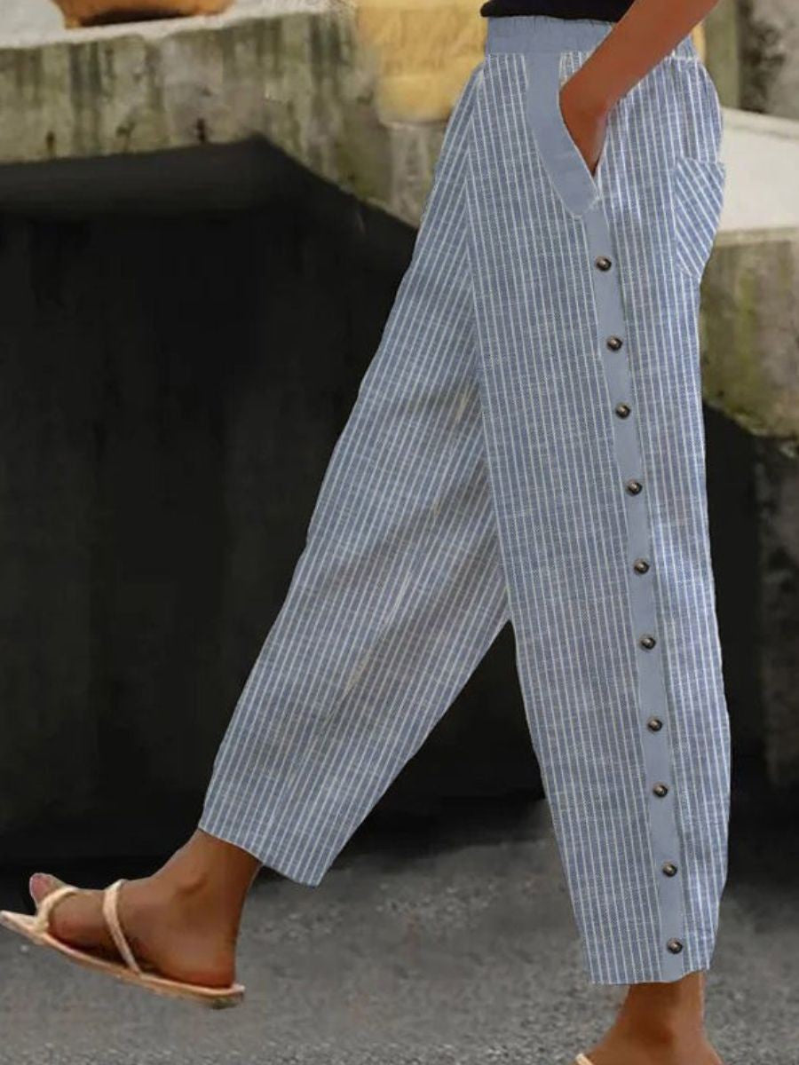 Stripe Print Casual Loose Pants with Pockets