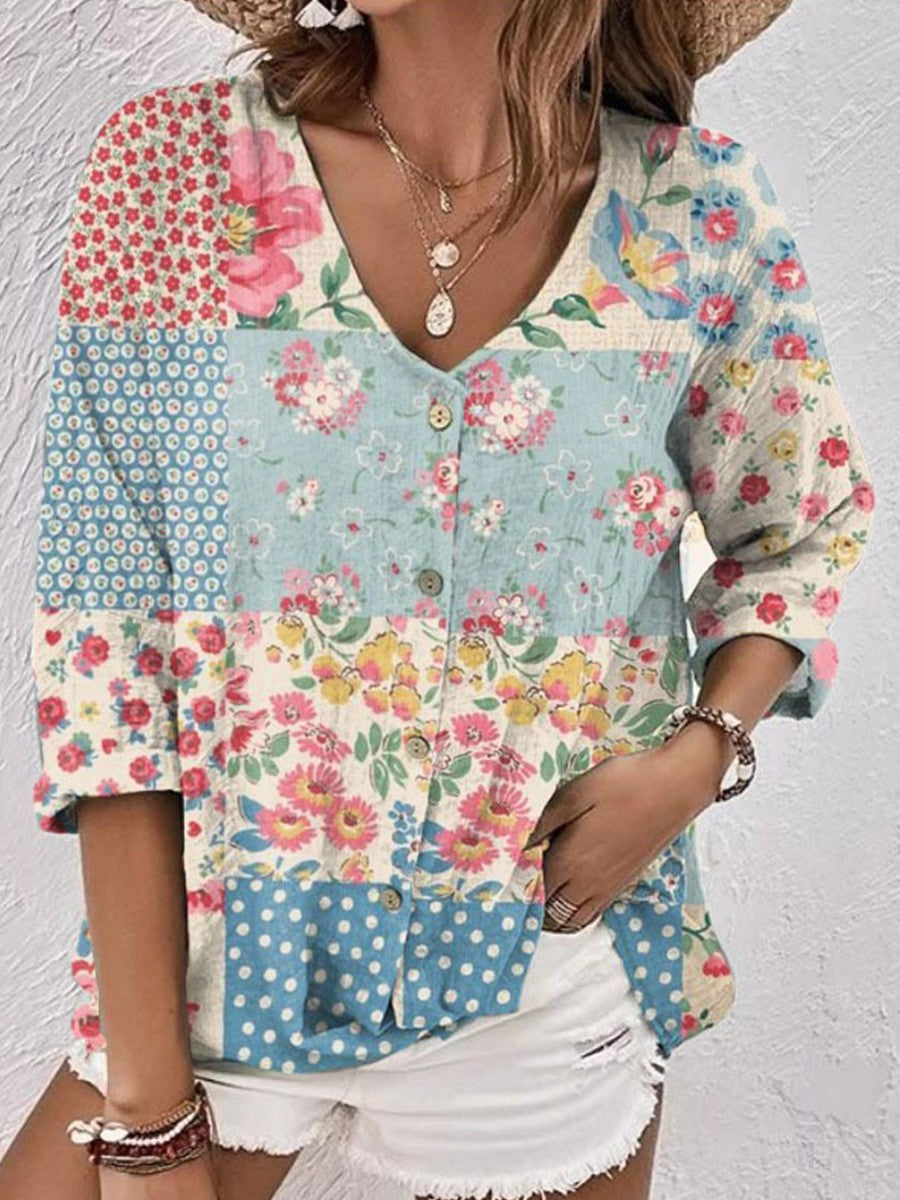 Vintage V-Neck Bohemian Contrast Floral Button-Down Shirt
