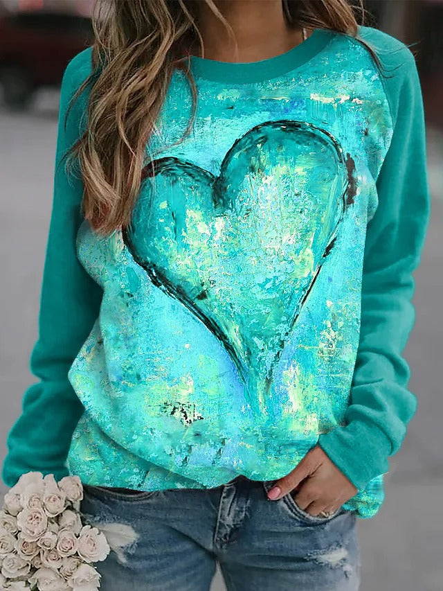 Heart Print Crew Neck Casual Long Sleeves Sweatshirt