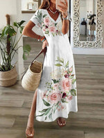 Elegant Floral Print V-neck Short Sleeve Midi Dress