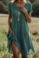 Polka Dots Round Neck Short Sleeve Casual Comfy Midi Dress