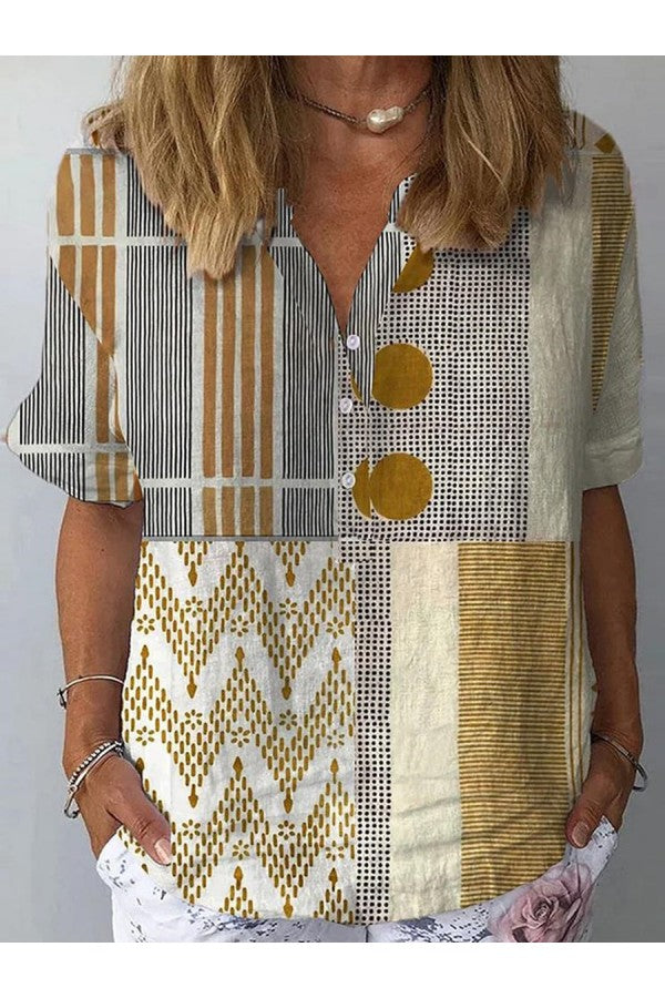 Multi-pattern Collared Short Sleeves Blouse