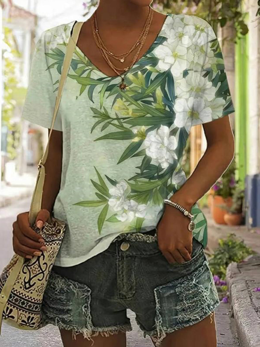 Vintage Floral Print V-neck Short Sleeve T-Shirt