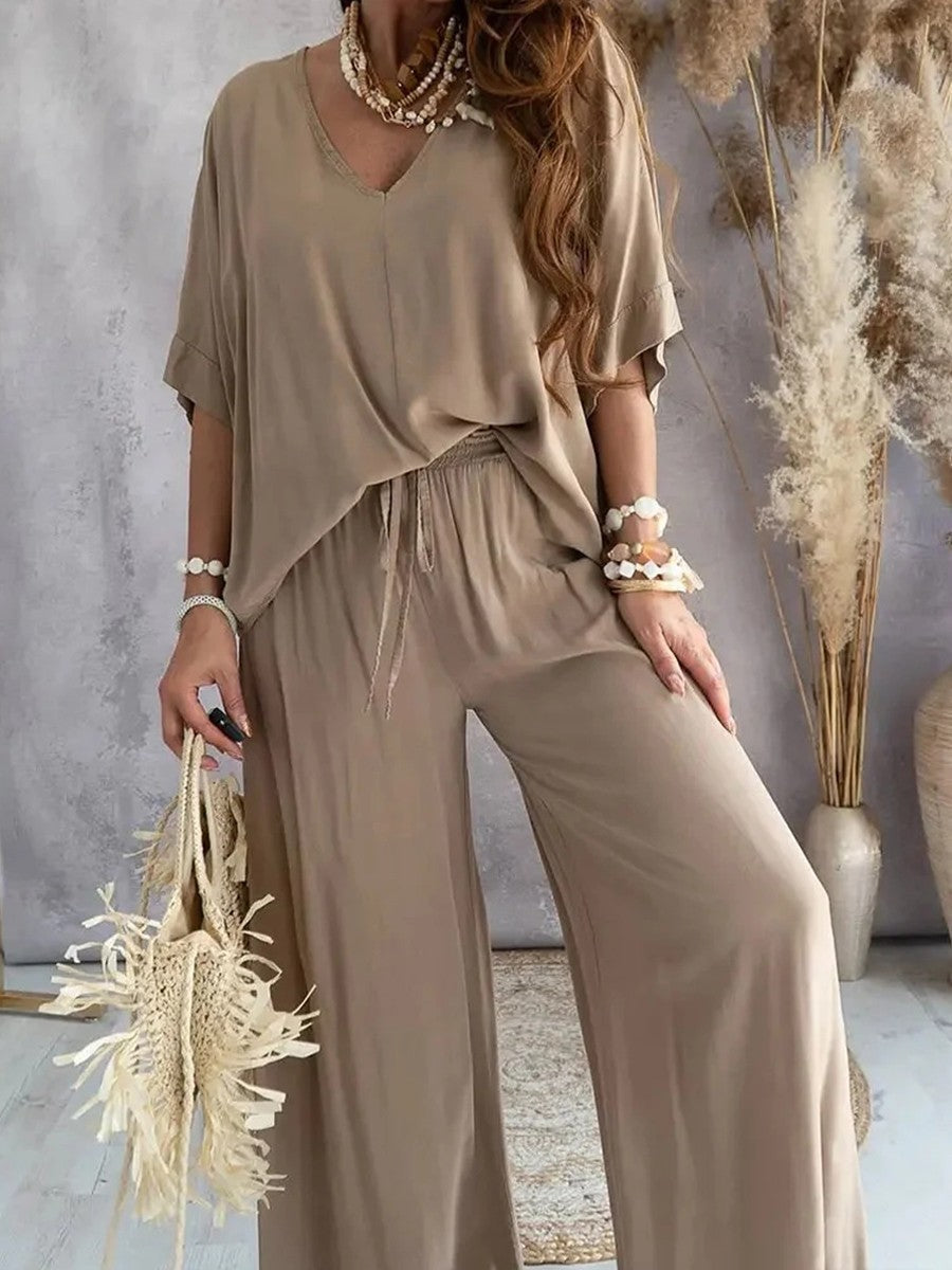 V-neck Cotton Lace Casual Suit