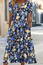 V Neck Short Sleeve Floral Pocket Midi Dress