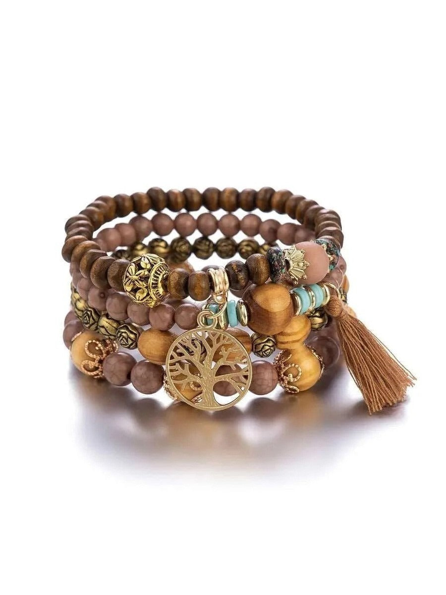 Boho Stackable Beaded Bracelets with Tree of Life Charm & Tassel