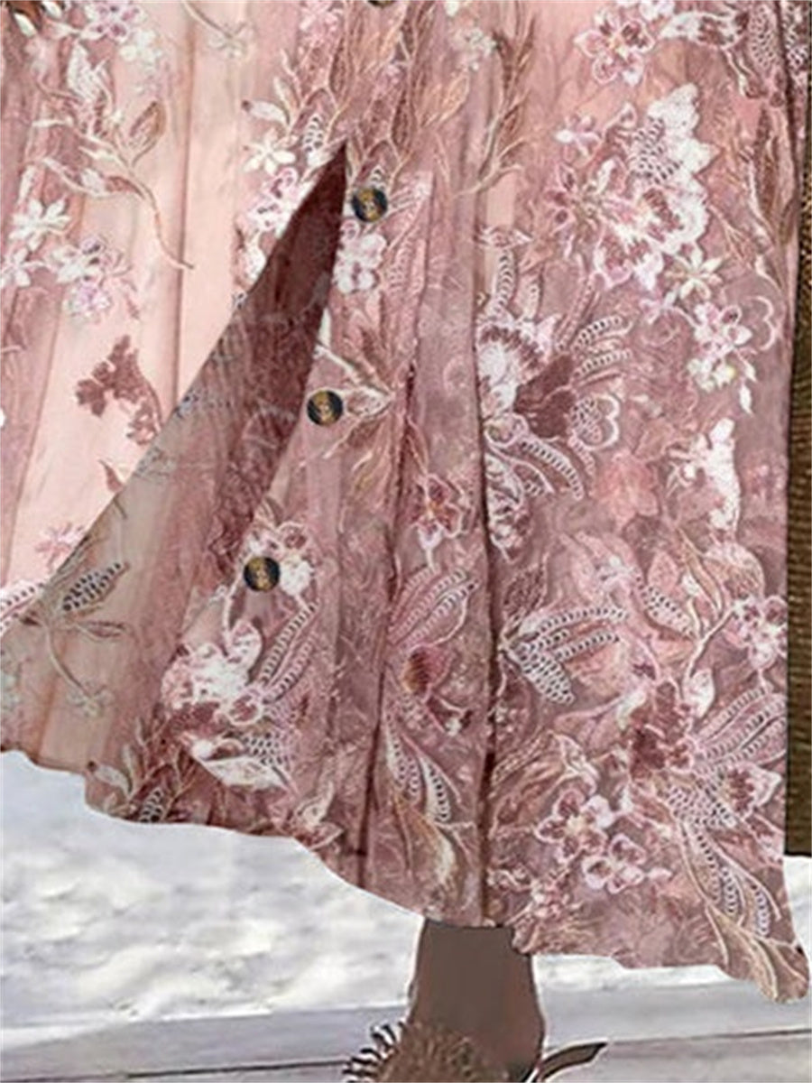 Floral Printed Graphic Straight Fashion Split Button Maxi High Waist Skirt