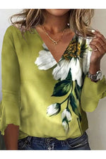 Fresh Green Floral Print V-neck 3/4 Sleeve Tops